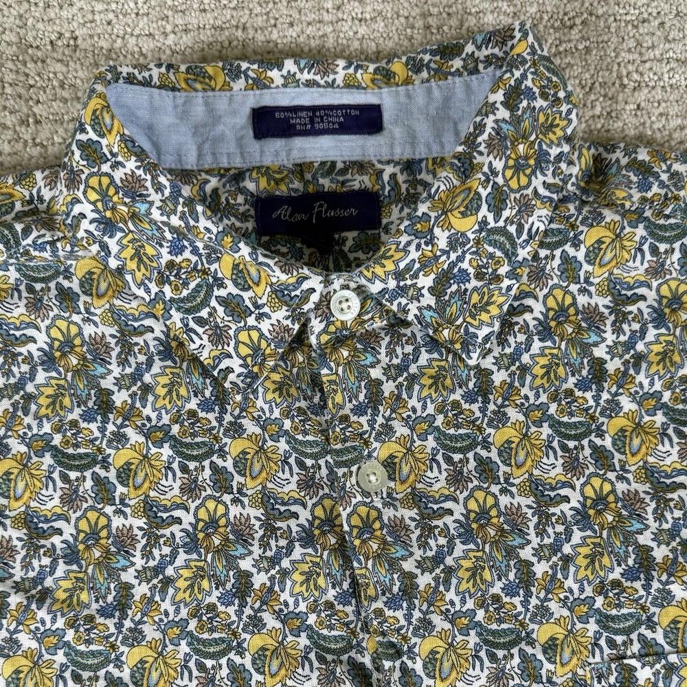 Alan Flusser Men's 2XL Yellow Floral Linen Cotton Blend Short Sleeve Button Up